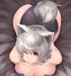  absurdres all_fours animal_ears ass bare_shoulders bed breasts cleavage from_above highres inubashiri_momiji large_breasts looking_at_viewer red_eyes short_hair silver_hair solo tail thighs tochinoko touhou wolf_ears wolf_tail 