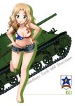  absurdres american_flag_bikini bare_legs barefoot bikini blue_eyes breasts caterpillar_tracks cleavage cutoffs denim denim_shorts emblem flag_print food full_body girls_und_panzer grin ground_vehicle hands_on_hips highres kay_(girls_und_panzer) kebab large_breasts leaning_forward light_brown_hair m4_sherman military military_vehicle motor_vehicle mouth_hold official_art open_fly open_pants pants_pull parted_lips saunders_(emblem) scan short_shorts shorts side-tie_bikini smile solo standing standing_on_one_leg swimsuit tank 