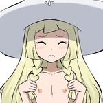  1girl blonde_hair blush breasts embarrased flat_chest gomatarou hat lillie_(pokemon) pokemon pokemon_sm simple_background topless twin_braids white_background 