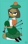  anthro avian bagpipes beak bedroom_eyes bird blue_background brown_hair duck ducktales eyelashes female hair half-closed_eyes hat kilt knullmannen_(artist) musical_instrument scottish seductive simple_background smile solo 