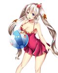  absurdres alternate_breast_size bad_id bad_pixiv_id ball beachball blue_eyes breasts cleavage commentary_request covered_navel fate/grand_order fate_(series) furumiya_neko hair_ornament hat highres long_hair marie_antoinette_(fate/grand_order) marie_antoinette_(swimsuit_caster)_(fate) medium_breasts open_mouth silver_hair solo swimsuit twintails 