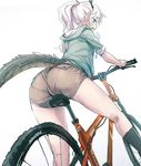  ass bangs bee_(deadflow) bicycle black_legwear commentary_request dragon_girl dragon_horns dragon_tail from_behind ground_vehicle horns kneehighs kneepits kuryuu_kohaku long_hair looking_at_viewer looking_back open_mouth original pantylines ponytail sidelocks simple_background smile solo tail thighs wavy_hair wedgie white_background white_hair yellow_eyes 