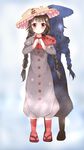  absurdres ajirogasa black_hair braid buttons capelet clothes_writing dress grey_dress hands_together hat highres long_hair red_capelet red_eyes red_legwear ribbon sandals smile snow solo stick_jitb touhou twin_braids yatadera_narumi 