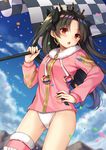  :o black_bow black_hair blue_sky blush bow checkered checkered_flag cloud day earrings fate/grand_order fate_(series) flag hair_bow hand_on_hip highleg highleg_swimsuit holding holding_flag hoop_earrings ishtar_(fate/grand_order) ishtar_(swimsuit_rider)_(fate) jewelry long_hair looking_at_viewer nagisa3710 red_eyes single_thighhigh sky solo swimsuit swimsuit_under_clothes thighhighs two_side_up white_swimsuit 