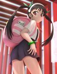  backpack bag bakemonogatari bangs black_hair bracelet closed_mouth eyebrows_visible_through_hair from_below hachikuji_mayoi highres jewelry long_hair looking_back map monogatari_(series) outdoors pursed_lips red_eyes siraha skirt solo suspender_skirt suspenders thighs twintails 