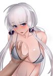  absurdres azur_lane bad_revision bangs bikini_top blunt_bangs blush breast_grab breasts downscaled_revision drooling eyebrows_visible_through_hair grabbing hair_ornament highres illustrious_(azur_lane) kuro_saki large_breasts long_hair looking_at_viewer md5_mismatch mole mole_under_eye open_mouth strap_gap upper_body very_long_hair white_background white_hair 