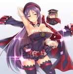  1girl blush breasts cape cigarette colonel_olcott_(fate/grand_order) colonel_olcott_(fate/grand_order)_(cosplay) cosplay detached_sleeves fate/grand_order fate_(series) helena_blavatsky_(fate/grand_order) helena_blavatsky_(fate/grand_order)_(cosplay) jacket large_breasts long_hair minamoto_no_raikou_(fate/grand_order) purple_eyes purple_hair sakata_kintoki_(fate/grand_order) salute smile strapless sunglasses thighhighs very_long_hair yuemanhuaikong 