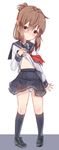  absurdres anchor_symbol black_legwear black_skirt blush breasts brown_eyes brown_hair commentary_request eyebrows_visible_through_hair folded_ponytail full_body highres inazuma_(kantai_collection) kantai_collection kneehighs lifted_by_self loafers long_hair neckerchief panties pantyshot pleated_skirt red_neckwear school_uniform serafuku shirt_lift shoes skirt skirt_lift small_breasts solo standing tetora_pod underboob underwear white_background white_panties 