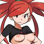  1girl asuna_(pokemon) blush breasts embarrased gomatarou pokemon pokemon_rse red_hair shirt_lift simple_background white_background 