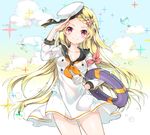  arm_up blonde_hair blush braid breasts closed_mouth cloud collarbone commentary_request cowboy_shot day dress forehead hair_ornament hand_on_hip hat holding juna lifebuoy long_hair medium_breasts orange_neckwear original purple_eyes sailor sailor_dress sailor_hat salute school_uniform serafuku smile solo sparkle star star_hair_ornament thighs very_long_hair 