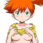  1girl angry blush breasts embarrassed gomatarou kasumi_(pokemon) orange_hair pokemon pokemon_(anime) shirt_lift side_ponytail simple_background white_background 