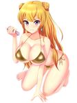  aaabbbccccc barefoot bikini blonde_hair breasts cleavage double_bun earrings gold_bikini jewelry kneeling large_breasts looking_at_viewer lotion purple_eyes side-tie_bikini simple_background solo sunscreen swimsuit white_background yurudorashiru 