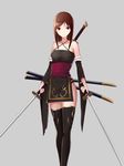  absurdres bare_shoulders black_legwear breasts brown_hair detached_sleeves dual_wielding expressionless feet_out_of_frame grey_background highres holding katana looking_at_viewer original red_eyes see_n sheath simple_background small_breasts solo standing sword thighhighs weapon 