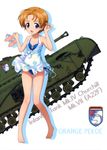  absurdres arm_up barefoot bikini black_bow blue_bikini blue_eyes bow breasts brown_hair caterpillar_tracks character_name churchill_(tank) cleavage collarbone dress emblem full_body girls_und_panzer ground_vehicle hair_bow highres holding holding_shoes looking_at_viewer military military_vehicle motor_vehicle open_mouth orange_pekoe shiny shiny_skin shoes short_dress short_hair simple_background sleeveless sleeveless_dress small_breasts solo st._gloriana's_(emblem) standing swimsuit tank white_background white_dress 