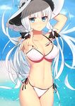  absurdres azur_lane bangs bikini blue_eyes blush breasts cowboy_shot day hair_ribbon hand_on_headwear hat highres illustrious_(azur_lane) index_finger_raised large_breasts long_hair looking_at_viewer low_ponytail navel outdoors pointing pointing_at_viewer ponytail ribbon side-tie_bikini sidelocks smile solo sun_hat swimsuit tress_ribbon very_long_hair water white_bikini white_hair xiao_xiao_touming 