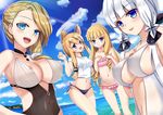  :d areola_slip areolae ass_visible_through_thighs azur_lane bangs bikini blonde_hair blue_eyes blunt_bangs blush breast_envy breasts cloud covered_navel covered_nipples day eyebrows_visible_through_hair flat_chest frilled_bikini frills hair_ornament hair_over_shoulder hair_ribbon hands_on_own_chest highres hood_(azur_lane) illustrious_(azur_lane) large_breasts light_rays long_hair looking_at_viewer low_ponytail medium_breasts multiple_girls navel ocean one-piece_swimsuit open_mouth outdoors pink_bikini ponytail purple_eyes queen_elizabeth_(azur_lane) ribbon ringlets side-tie_bikini sidelocks sky smile stomach swimsuit tress_ribbon warspite_(azur_lane) water white_hair zha_shi 