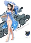  absurdres arm_up armpits barefoot bikini blue_hat blue_ribbon breasts brown_eyes brown_hair bt-42 caterpillar_tracks cleavage collarbone emblem eyebrows_visible_through_hair floating_hair full_body girls_und_panzer ground_vehicle hair_between_eyes hat hat_ribbon highres keizoku_(emblem) long_hair looking_at_viewer mika_(girls_und_panzer) military military_vehicle motor_vehicle navel ribbon school_uniform shiny shiny_skin simple_background small_breasts smile solo standing sun_hat swimsuit tank white_background white_bikini 