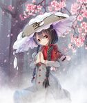  ajirogasa bangs black_hair braid breasts commentary commentary_request dress grey_dress hands_together hat long_hair long_sleeves medium_breasts orange_eyes outdoors red_ribbon ribbon smile snow snowing solo standing touhou twin_braids winter yatadera_narumi z.o.b 