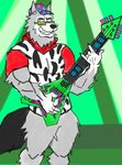  2017 anthro arm_tuft baseball_cap biceps biped black_clothing black_fur bottomless canine clothed clothing devil_horns digital_drawing_(artwork) digital_media_(artwork) electric_guitar eyewear fangs featureless_crotch front_view fur green_background grey_fur guitar guitar_pick hat hi_res holding_guitar_pick holding_musical_instrument hoodie humanoid_hands inner_ear_fluff leg_tuft looking_away looking_up male mammal mascot multicolored_clothing multicolored_fur muscular muscular_male musical_instrument old_spice pattern_background playing_guitar playing_music portrait red_clothing simple_background smile smokeyderg solo standing sunglasses three-quarter_portrait white_clothing white_fur wolf wolfthorn_(old_spice) 