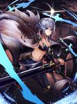  absurdres black_legwear blue_eyes breasts cape cleavage dual_wielding highres holding holding_sword holding_weapon midriff motion_blur navel running see_n silver_hair skirt small_breasts solo sword thighhighs weapon white_cape 