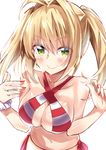  ahoge bikini blonde_hair blush breasts criss-cross_halter earrings fate/extra fate/grand_order fate_(series) green_eyes hair_intakes halterneck highres jewelry large_breasts long_hair looking_at_viewer nail_polish nanakusa_amane navel nero_claudius_(fate)_(all) nero_claudius_(swimsuit_caster)_(fate) pink_nails scrunchie side-tie_bikini smile solo striped striped_bikini swimsuit twintails white_scrunchie wrist_scrunchie 
