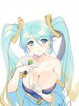 1girl blue_eyes blue_hair breasts cleavage dakun dress large_breasts league_of_legends smile solo sona_buvelle twintails ward 
