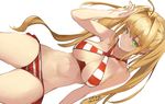 bad_id bad_pixiv_id bikini blonde_hair breasts cleavage closed_mouth criss-cross_halter dated fate/grand_order fate_(series) green_eyes halterneck light_smile long_hair medium_breasts nero_claudius_(fate)_(all) nero_claudius_(swimsuit_caster)_(fate) pupps red_bikini side-tie_bikini signature simple_background smile solo striped striped_bikini swimsuit thighs twintails white_background 
