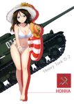  absurdres barefoot bikini blue_eyes breasts brown_hair caterpillar_tracks character_name cleavage collarbone emblem error flower full_body girls_und_panzer groin ground_vehicle hair_between_eyes hat hat_flower highres is-2 large_breasts leaning_forward long_hair looking_at_viewer military military_vehicle motor_vehicle navel nonna parted_lips pravda_(emblem) shiny shiny_skin side-tie_bikini simple_background smile solo standing stomach straw_hat sunflower swimsuit tank white_background white_bikini white_hat yellow_flower 
