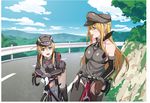  anchor_hair_ornament aqua_eyes bare_shoulders bicycle bismarck_(kantai_collection) blonde_hair brown_gloves detached_sleeves gloves grey_legwear ground_vehicle hair_ornament hat highres iron_cross kantai_collection kriegsmarine long_hair low_twintails microskirt military military_hat military_uniform mountain mountain_bicycle multiple_girls nakamori_koutarou peaked_cap prinz_eugen_(kantai_collection) road skirt twintails uniform white_gloves 