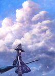  black_eyes black_hair blue_sky broom cloud cloudy_sky commentary_request day hat holding holding_broom long_hair looking_at_viewer original sakimori_(hououbds) scenery short_sleeves sky smile solo thighhighs very_long_hair witch witch_hat 