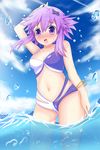  bikini blush bracelet breasts choujigen_game_neptune embarrassed hair_between_eyes hair_ornament hand_on_hip highres jewelry looking_at_viewer navel neptune_(choujigen_game_neptune) neptune_(series) ocean open_mouth purple_eyes purple_hair short_hair small_breasts solo ss851251 swimsuit wading water 