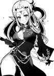  a bad_id bad_pixiv_id blush breasts cleavage_cutout contrapposto cowboy_shot elbow_gloves elf gloves greyscale large_breasts long_hair looking_at_viewer monochrome pointy_ears sekaiju_no_meikyuu sekaiju_no_meikyuu_5 shiun_sanchou simple_background smile solo standing thighhighs warlock_(sekaiju) white_background 