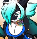  2017 anthro big_breasts blue_eyes blue_hair breasts cetacean clothed clothing dragon eyebrows female gradient_hair hair hair_over_eye hybrid low_res mammal marine multicolored_hair orca penelope rainbowscreen simple_background solo two_tone_hair whale wings working 