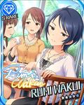  blue_hair blush brown_eyes card_(medium) character_name dress idolmaster idolmaster_cinderella_girls short_hair smile stars wakui_rumi 