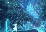  ahoge blue castle commentary_request dress fantasy forest glowing long_hair magic nature original road running sakimori_(hououbds) scenery solo 