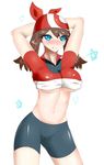  1girl :p arms_behind_head arms_up bike_shorts blue_eyes blush brown_hair haruka_(pokemon) looking_at_viewer navel pokemon pussy sana!rpg shiny shiny_clothes simple_background skin_tight skindentation solo standing thighs tongue tongue_out transparent underboob 