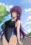  bakemonogatari bangs bare_shoulders blue_eyes blue_sky breasts commentary_request competition_swimsuit cowboy_shot day highres long_hair looking_at_viewer maki_ikazuya medium_breasts monogatari_(series) one-piece_swimsuit purple_hair revision senjougahara_hitagi sky smile solo swimsuit towel very_long_hair wet wiping_face 