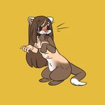 6_breasts blush breasts brown_hair busty_feral embarrassed female feral ferret hair human_to_feral mammal multi_breast mustelid nipples nnbtf open_mouth pussy simple_background solo standing transformation yellow_background 