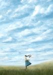  blue_skirt blue_sky boots brown_hair cloud cloudy_sky commentary_request day from_side grass horizon long_hair original sakimori_(hououbds) scenery skirt sky solo standing 