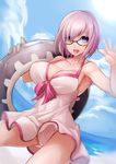  :d absurdres armpits ass_visible_through_thighs bare_arms bare_shoulders beach black-framed_eyewear blue_sky blush breasts cleavage cloud collarbone commentary_request cowboy_shot day dress fate/grand_order fate_(series) glasses hair_over_one_eye halter_top halterneck highres innertube large_breasts lavender_hair looking_at_viewer mash_kyrielight open_mouth outdoors panties pantyshot pantyshot_(standing) purple_eyes short_hair sky smile solo sowel_(sk3) standing sunlight underwear white_dress white_panties 