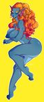  2016 absurd_res amber_eyes anthro big_breasts bikini blue_lips blue_nipples blue_skin breasts clothed clothing female fish hair hi_res hindpaw long_hair marine nails nipples orange_hair paws simple_background solo swimsuit thick_thighs topless venusflowerart yellow_background 