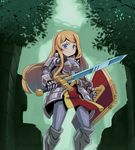  armor blonde_hair blue_eyes blush cro gauntlets long_hair looking_at_viewer paladin_(sekaiju) sekaiju_no_meikyuu shield solo sword weapon 