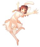  :d \o/ animal_ears arms_up blush brown_hair bunny_ears bunny_tail carrot carrot_necklace commentary_request dress eyebrows_visible_through_hair highres inaba_tewi jewelry jumping leg_up looking_at_viewer necklace open_mouth outstretched_arms outstretched_hand pink_dress pink_legwear red_eyes shiro_1213 short_hair short_sleeves simple_background smile solo tail thighhighs touhou white_background 