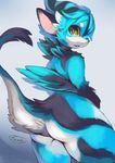  anthro blue_fur butt cat dragon feline fur looking_at_viewer mammal open_mouth rady-wolf smile standing 