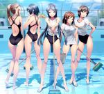  ass bare_back bare_shoulders barefoot black_hair black_swimsuit blue_eyes blue_hair blurry breasts broom brown_hair bucket buckle carrying_over_shoulder cleaning_brush competition_swimsuit depth_of_field empty_pool hand_on_hip high_ponytail holding holding_bucket kneepits legs long_hair long_legs looking_at_viewer medium_breasts multiple_girls one-piece_swimsuit original parted_lips ponytail pool profile rezi shirt short_hair short_sleeves smile standing swimsuit thigh_gap thighs tied_shirt 