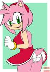  amy_rose black_nose butt clothing dress frilly_panties fur gloves green_eyes hairband hedgehog mammal negicake panties pink_fur smile solo sonic_(series) underwear upskirt 