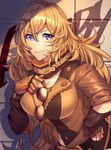  blonde_hair brick_wall check_commentary commentary commentary_request eyewear_removed graffiti jacket leather leather_jacket long_hair prosthesis prosthetic_arm purple_eyes rwby solo sunglasses title yang_xiao_long 