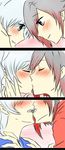  2girls 3koma blue_eyes blush brown_hair comic couple eye_contact eyes_closed female friends grey_eyes kiss long_hair looking_at_another multiple_girls mutual_yuri neck open_mouth ruby_rose rwby short_hair silver_hair smile upper_body weiss_schnee yuri 