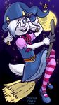  anthro blue_eyes bow broom caprine clara_hopper clothed clothing critter_coven dress female fully_clothed goat hat horn legwear looking_at_viewer lucheek magic_user mammal moon night smile solo stockings striped_legwear striped_stockings stripes witch witch_hat 