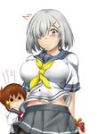  black_legwear blush box breasts commentary_request cowboy_shot eyes_visible_through_hair gift gift_box gloves hair_ornament hair_over_one_eye hairclip hamakaze_(kantai_collection) highres impossible_clothes impossible_shirt inazuma_(kantai_collection) kantai_collection large_breasts looking_at_viewer maki_ikazuya multiple_girls navel neckerchief pantyhose plasma-chan_(kantai_collection) pleated_skirt school_uniform serafuku shirt short_hair short_sleeves silver_eyes silver_hair skirt sweat translated white_gloves yellow_neckwear 